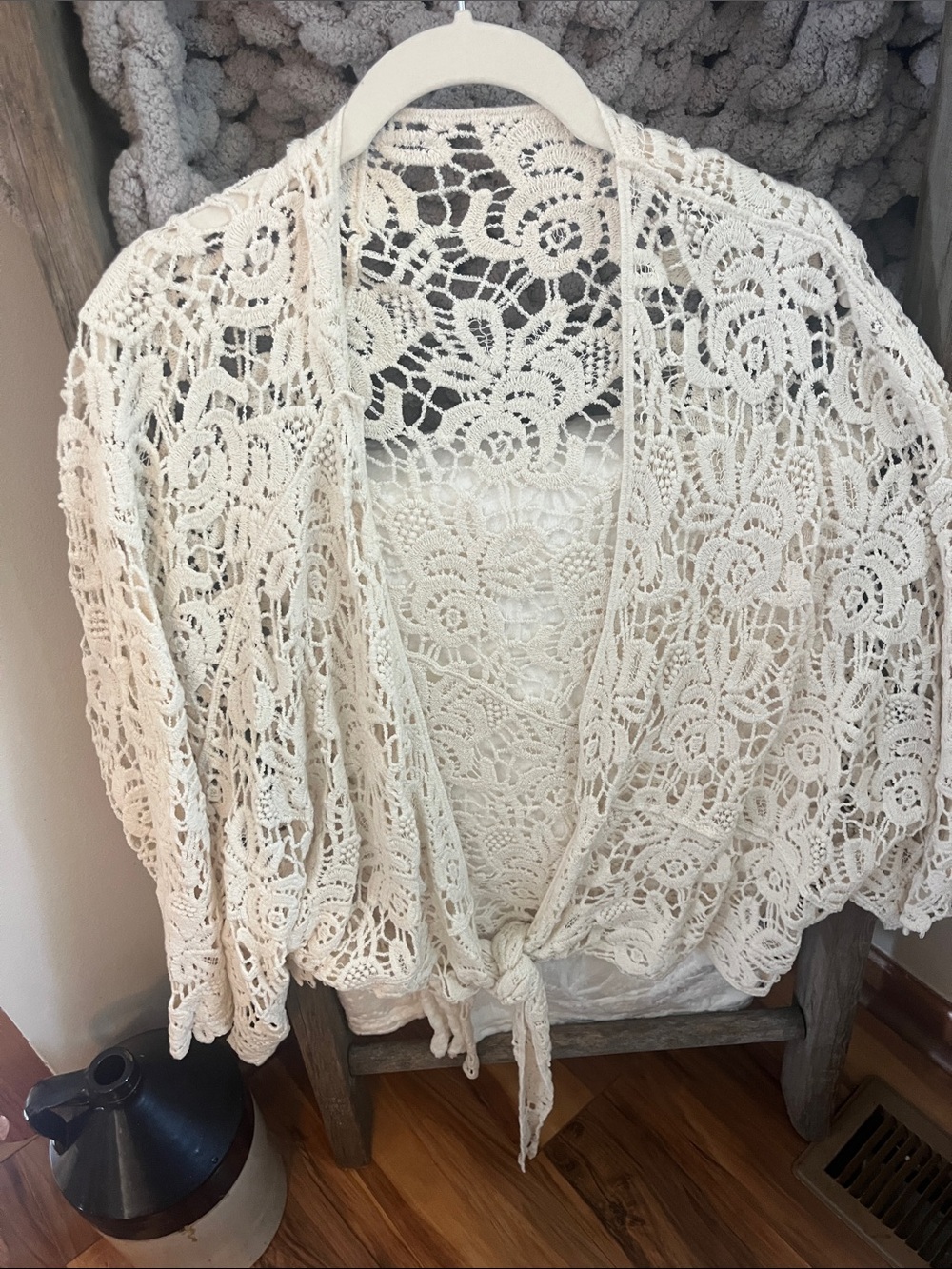Cream Crochet Openfront Tie-Waist Sweater